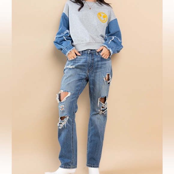 25 Contrast Denim With French Terry Sweatshirt - Picture 4 of 4